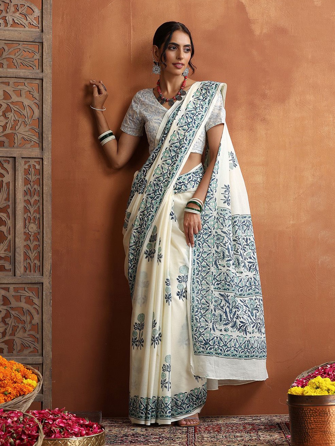 

House of Chikankari HOC Crafts Hand Block Printed Saree, Cream