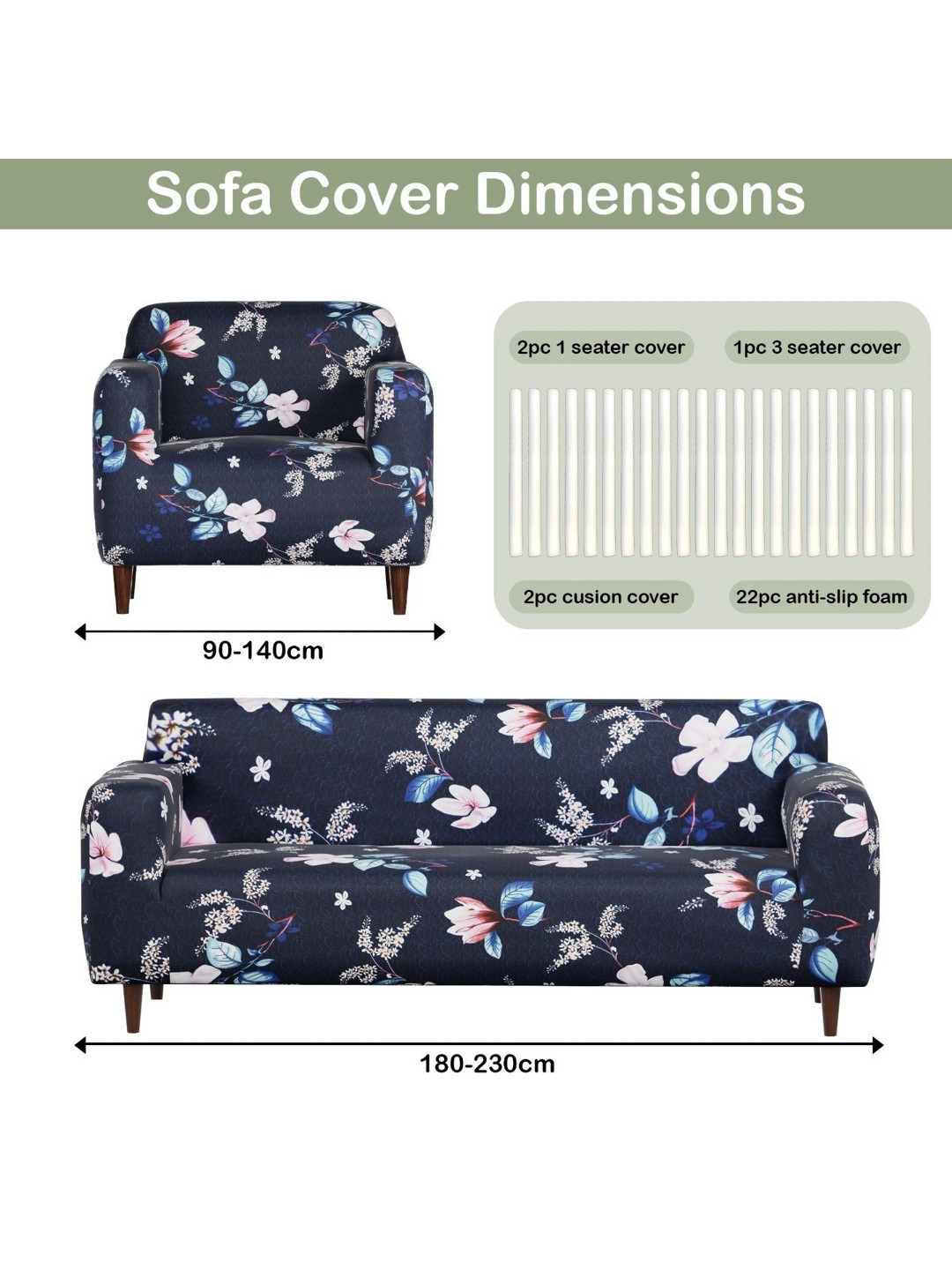

Aura Navy Blue & White 3 Pieces Floral Printed 5 Seater Sofa Covers With Arms