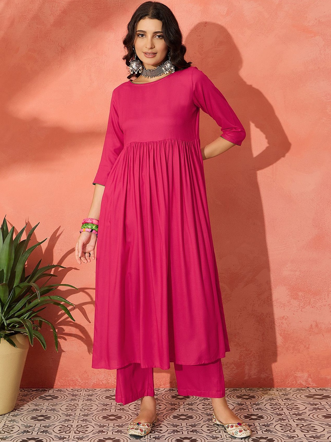 

InWeave Women Anarkali Calf Length Kurta With Trousers, Fuchsia