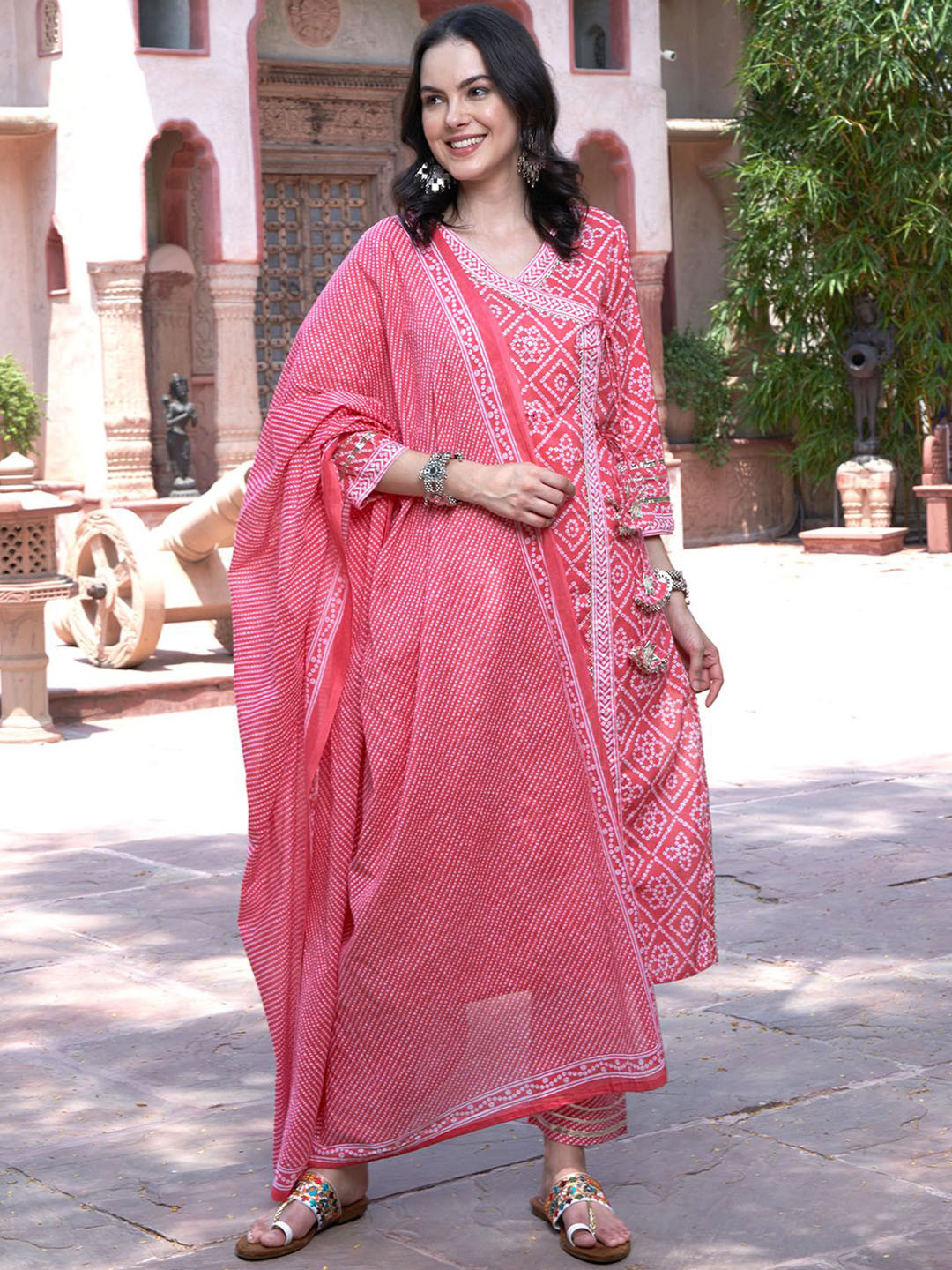 

BANDIA Women Printed Angrakha Mirror Work Pure Cotton Kurta with Trousers & Dupatta, Peach