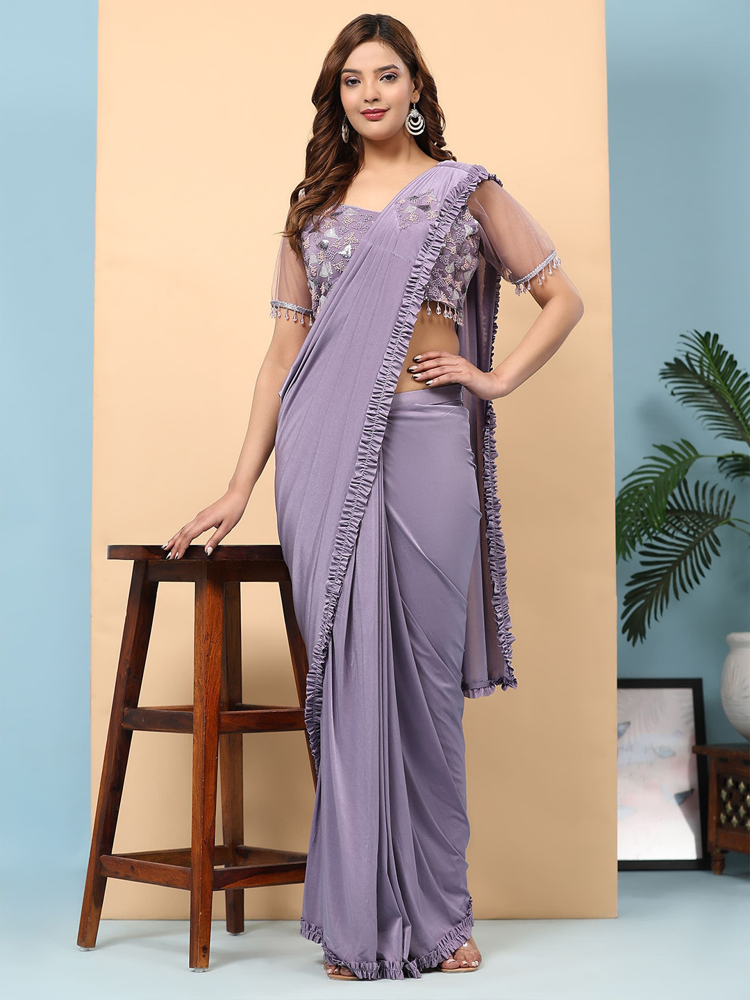 

AMOHA TRENDZ Embellished Beads and Stones Ready to Wear Saree, Purple