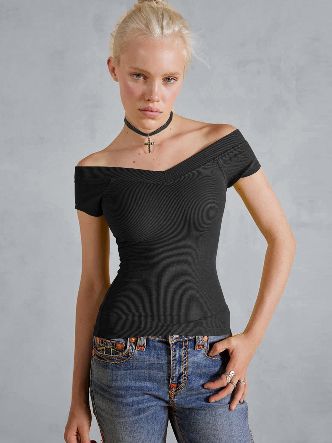 

HERE&NOW Women Solid Off-Shoulder Top, Black