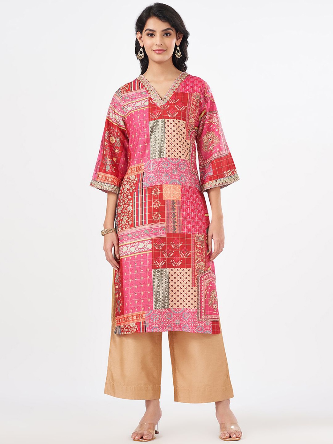 

RANGMANCH BY PANTALOONS Women Geometric Printed Flared Sleeves Sequinned Kurta, Red