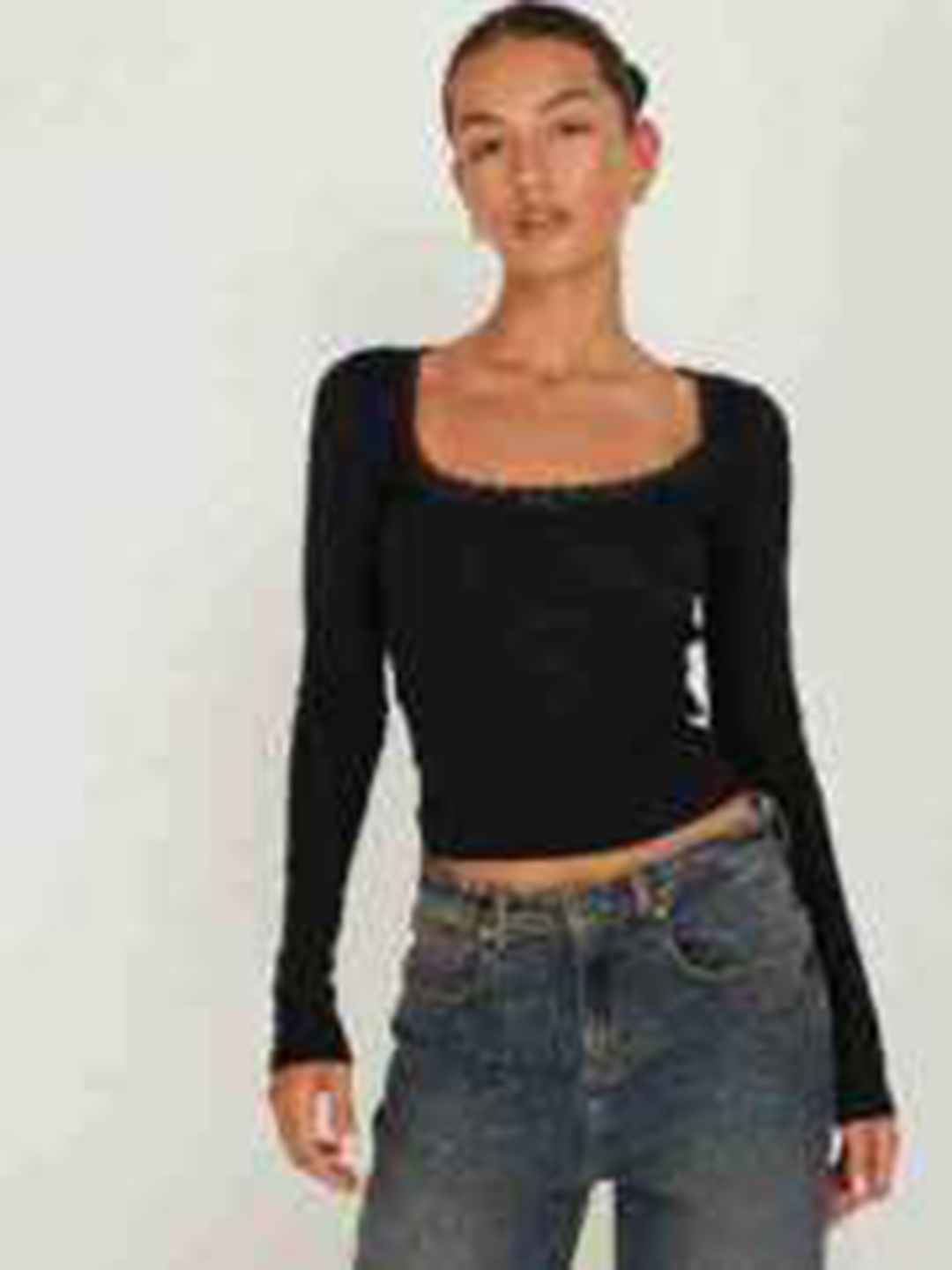 

HERE&NOW Women Solid Square Neck Top, Black