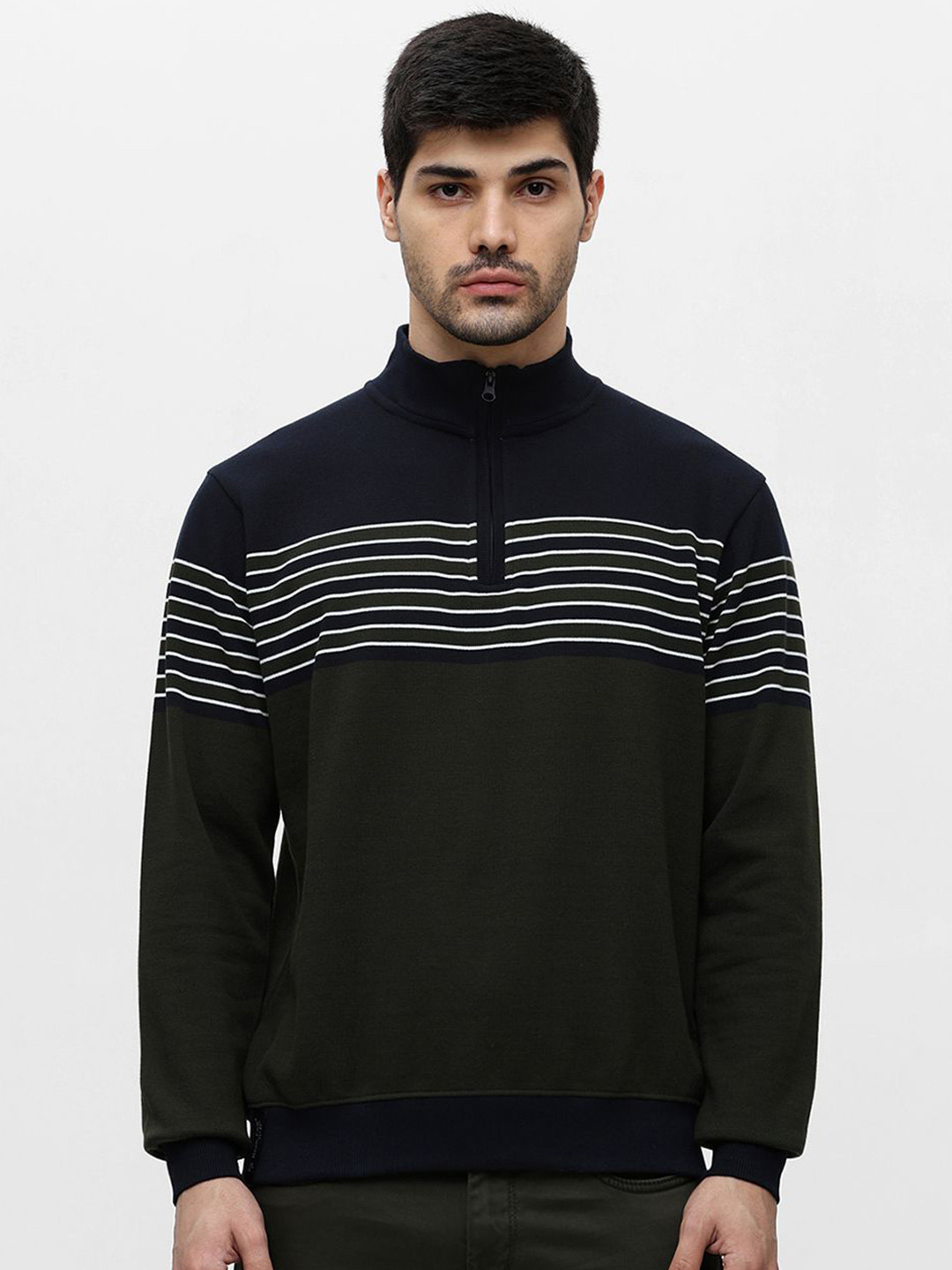 

Klub Fox Men Striped High Neck Pullover Fleece Sweatshirt, Olive