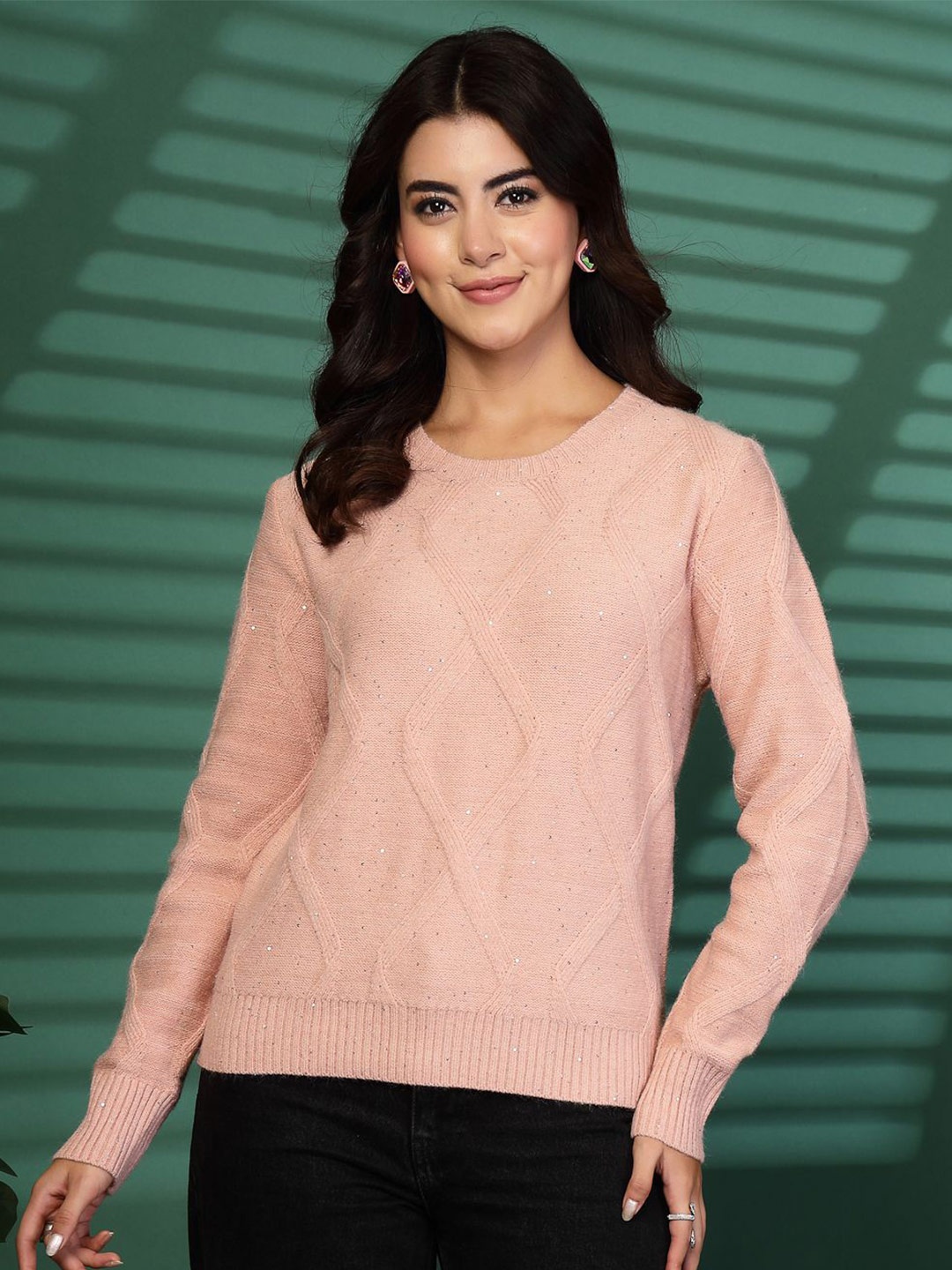 

Mafadeny Women Self Design Pullover Ribbed Sweaters, Peach