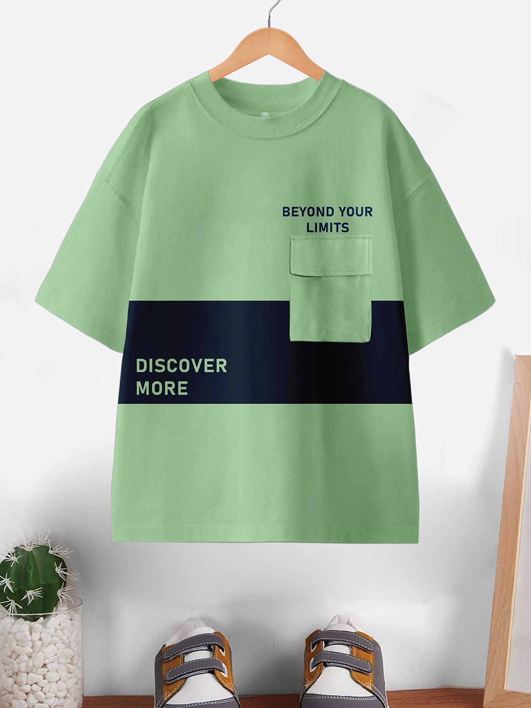 

BAESD Boys Typography Printed Round Neck Pure Cotton Oversized T-shirt, Green