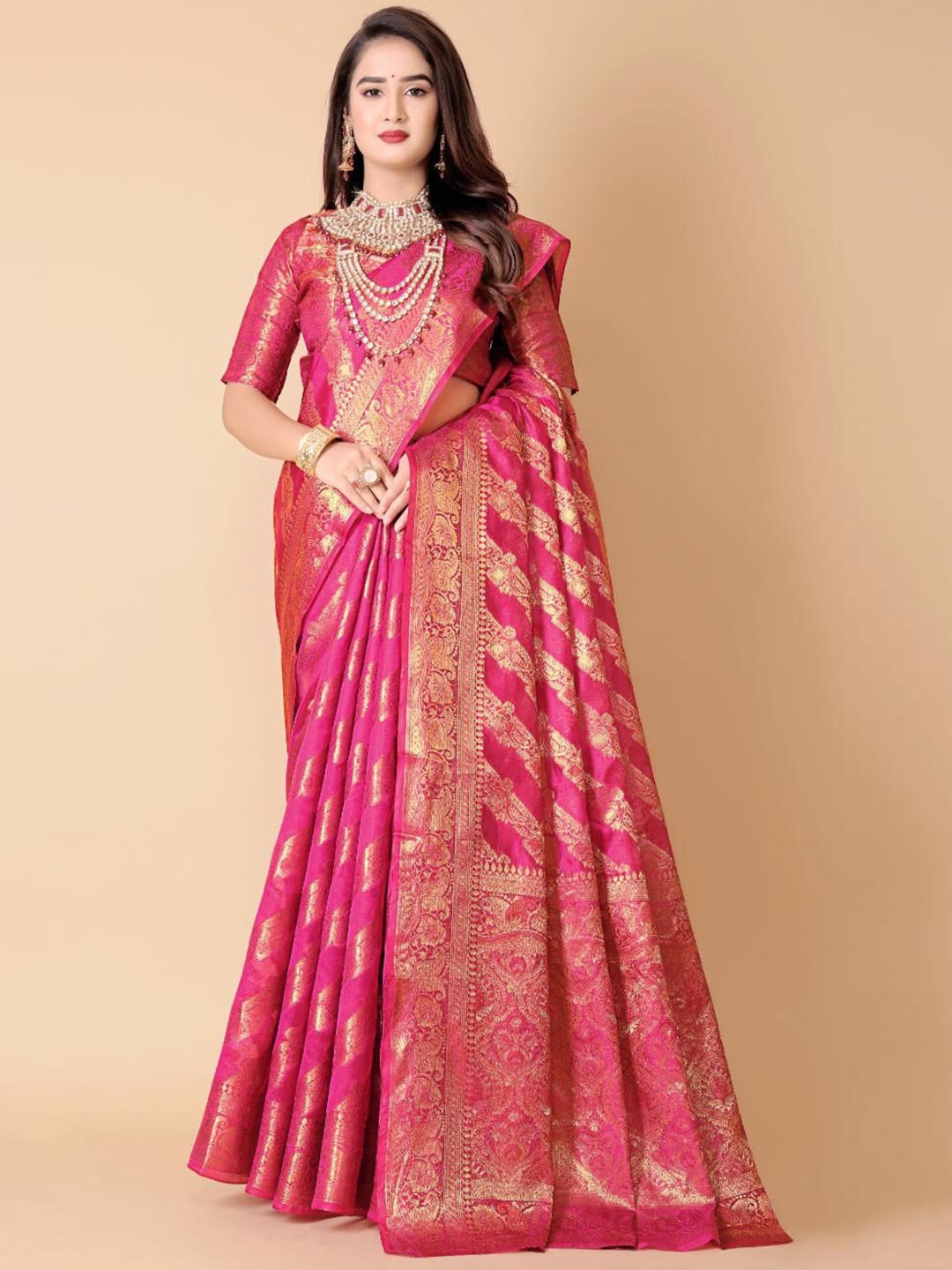 

JAY FASHION Woven Design Zari Banarasi Saree, Pink