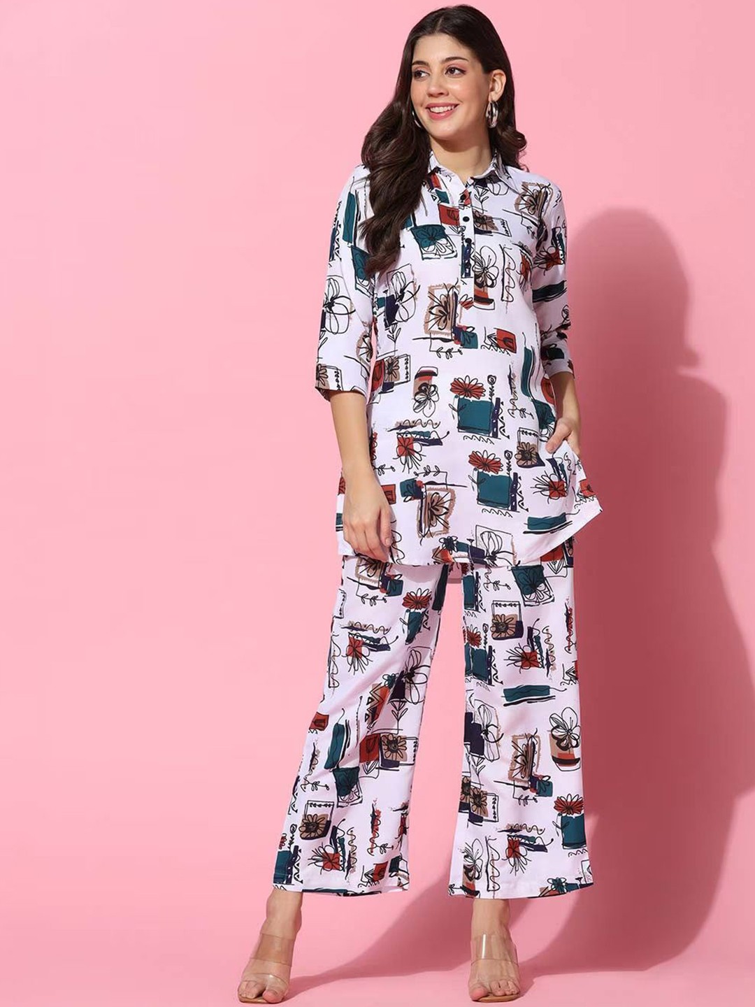 

NIJANAND TEXTILE Printed Cotton Tunic & Palazzo Co-Ord, White