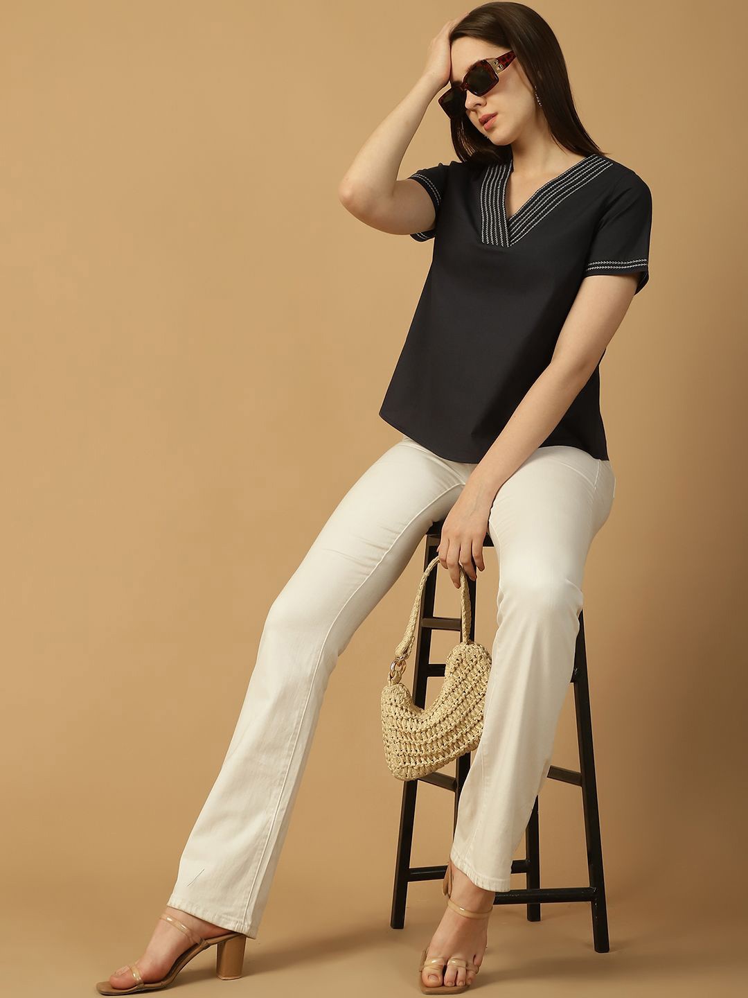 

250 DESIGNS Women Solid V-Neck Cotton Top, Black