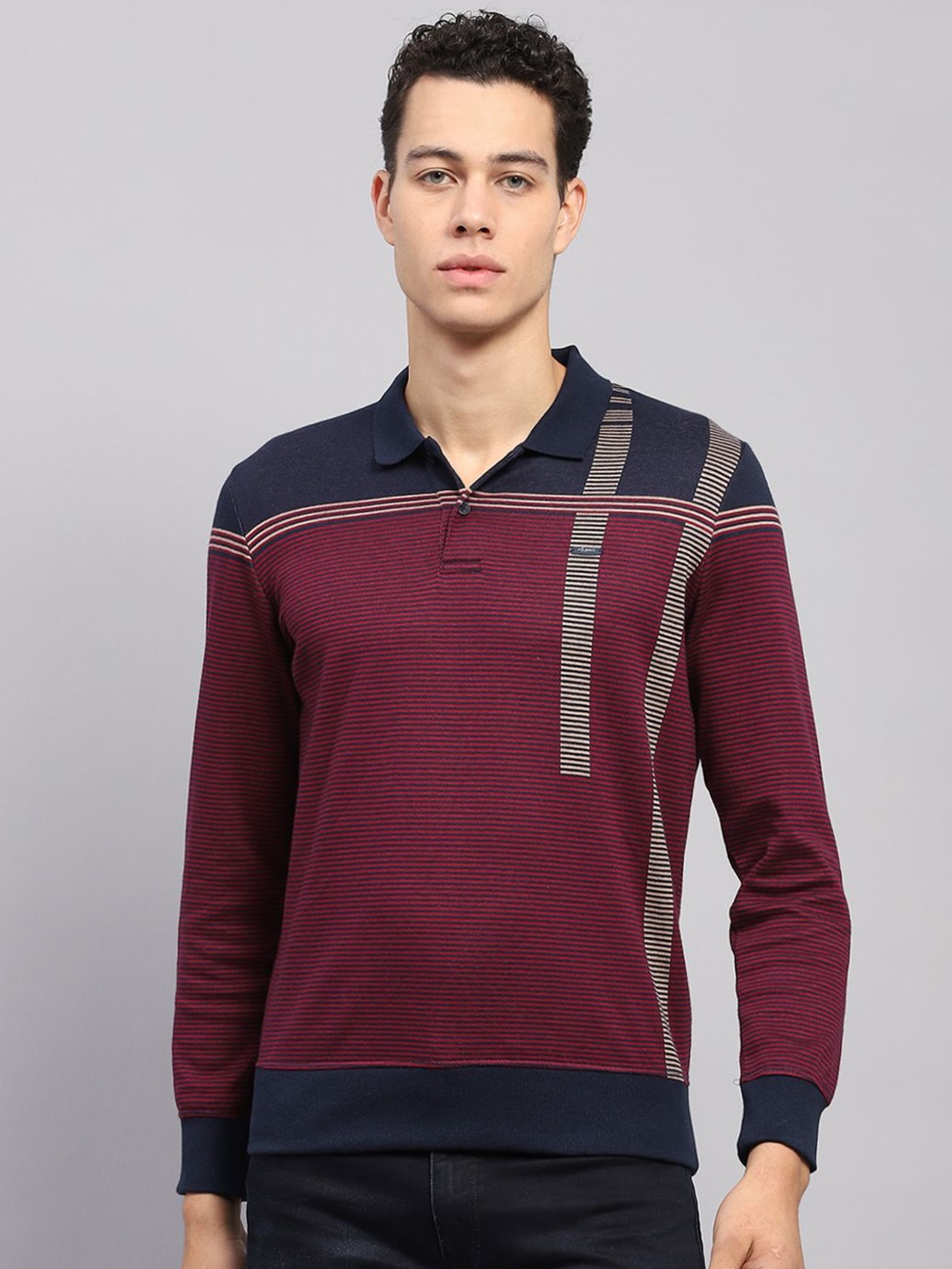 

Monte Carlo Men Striped Shirt Collar Cotton Sweatshirt, Maroon