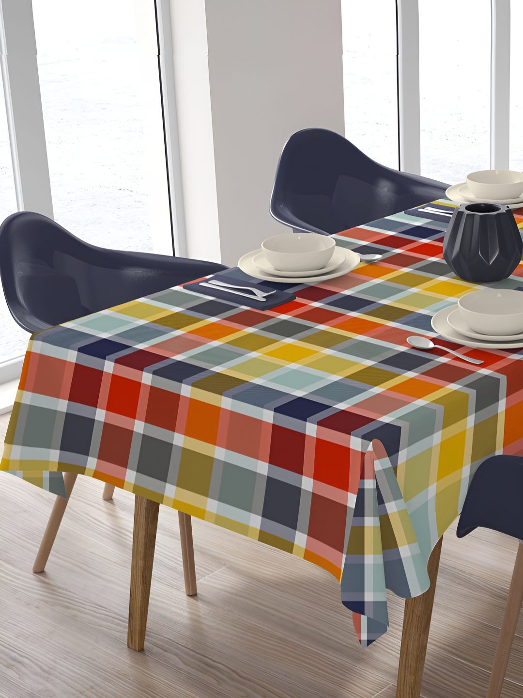 

HOME COLORS.IN Blue Striped Printed Cotton 4-Seater Table Cover