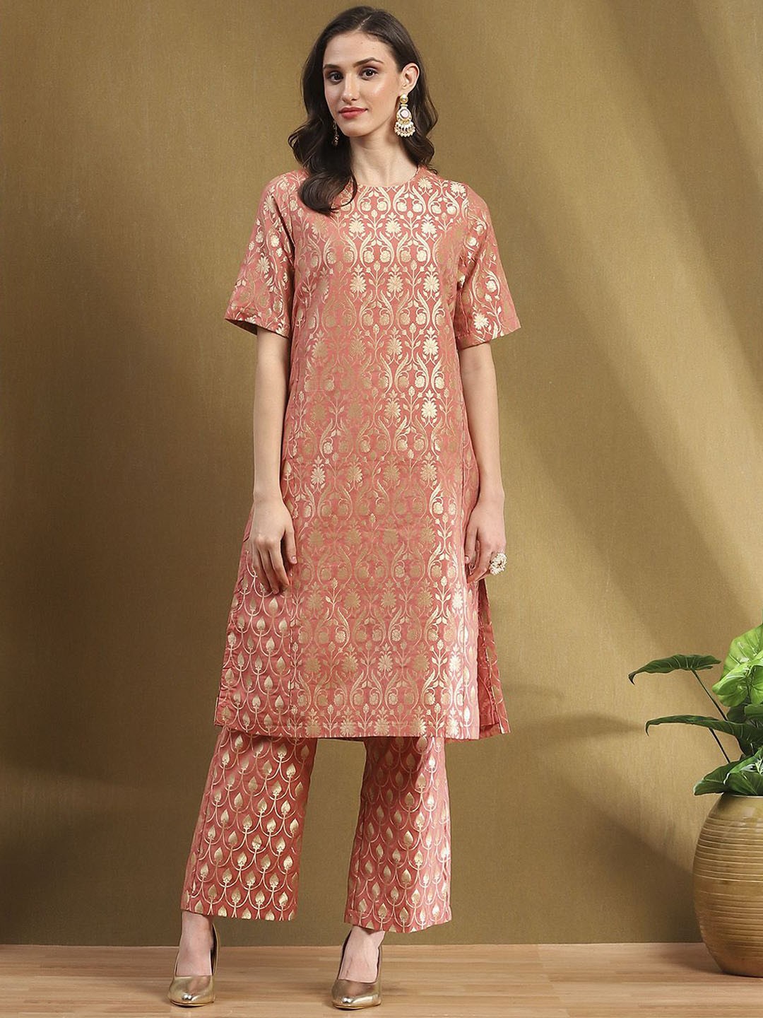 

Biba Women Round Neck Kurta with Palazzos, Peach