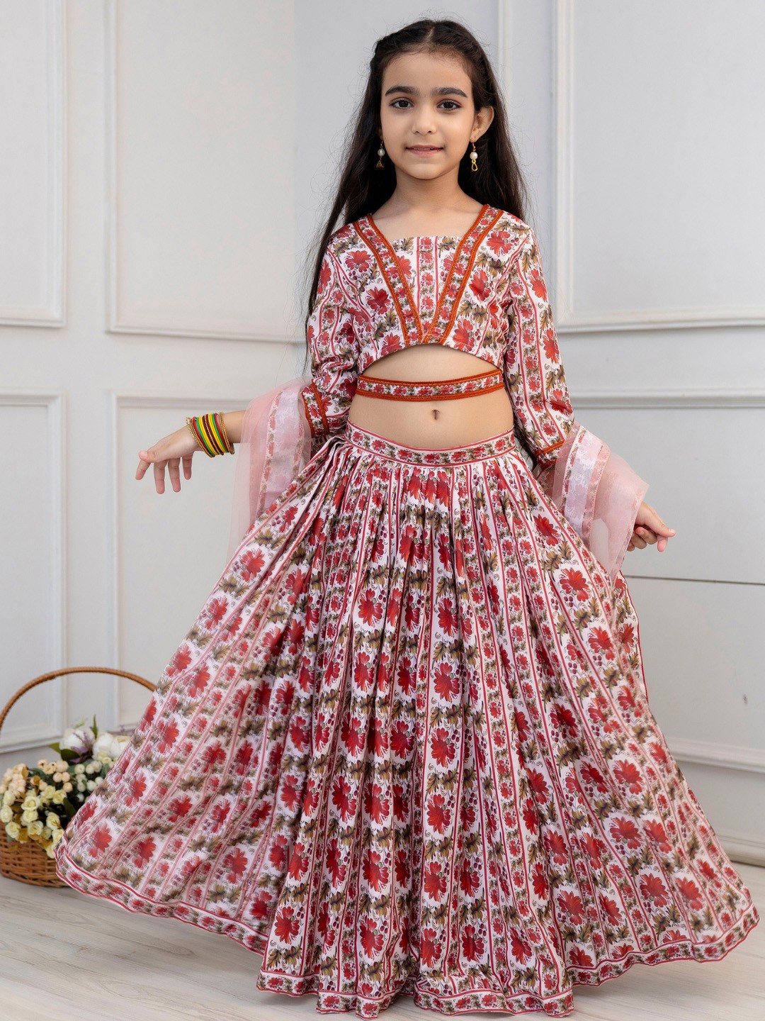 

Cutiediva Girls Cotton Floral Printed Ready to Wear Lehenga & Blouse With Dupatta, White