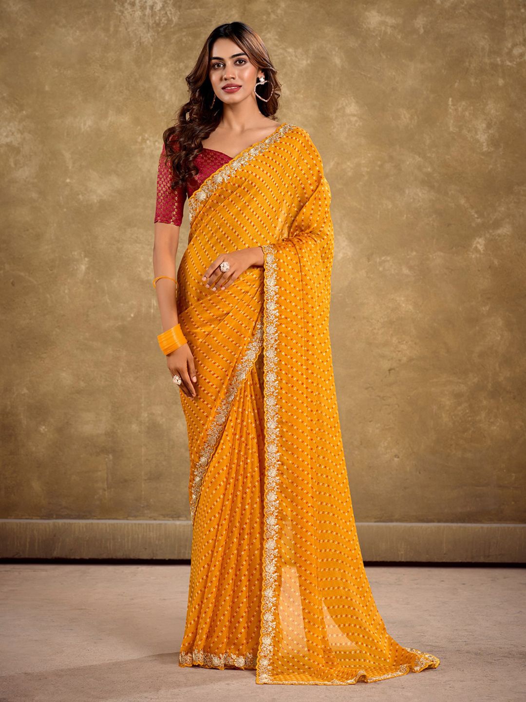 

Mitera Bandhani Printed Sequinned Saree, Mustard