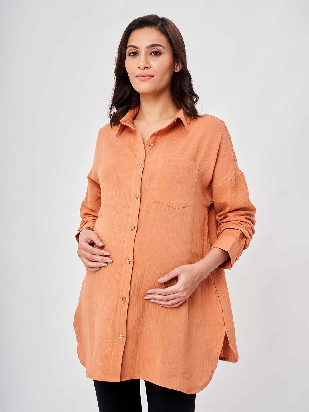 

Ed-a-Mamma Women Solid Spread Collar Maternity Cotton Shirt, Orange