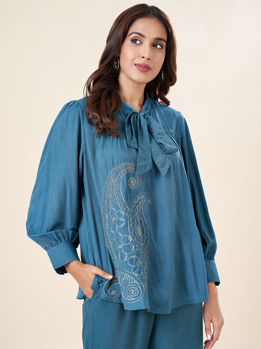 

AKKRITI BY PANTALOONS Embroidered Tie-Ups Detail Tunic, Blue