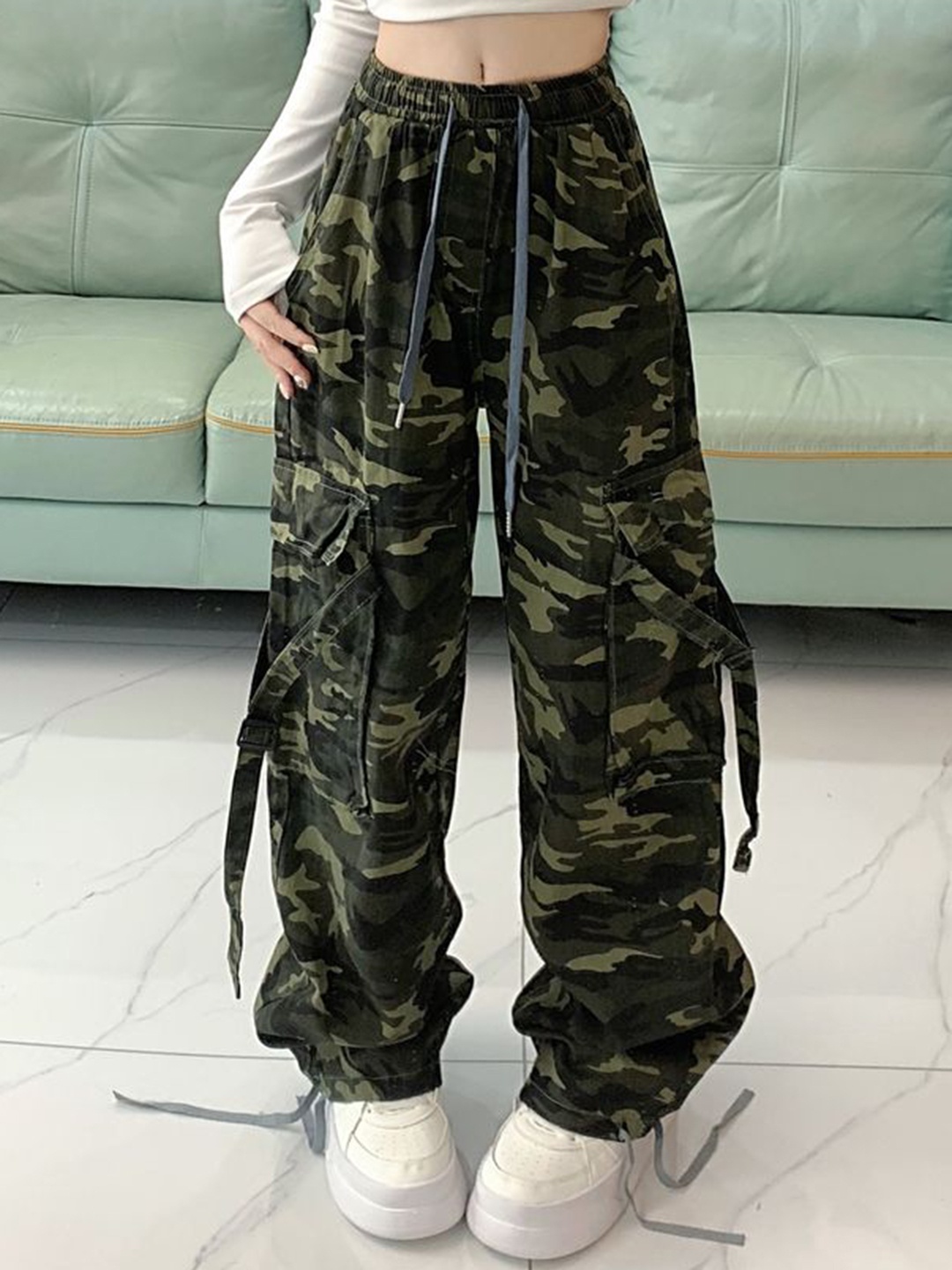 

LULU & SKY Women Mid-Rise Camouflage Printed Flared Trousers, Green