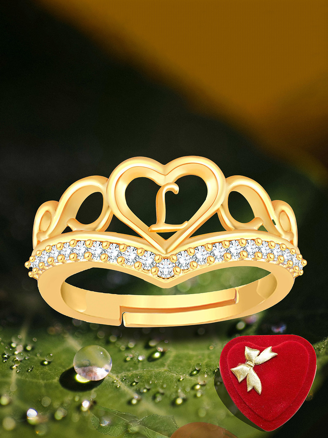 

Heer Collection Gold-Plated American Diamond Studded Alphabet L Adjustable Finger Ring
