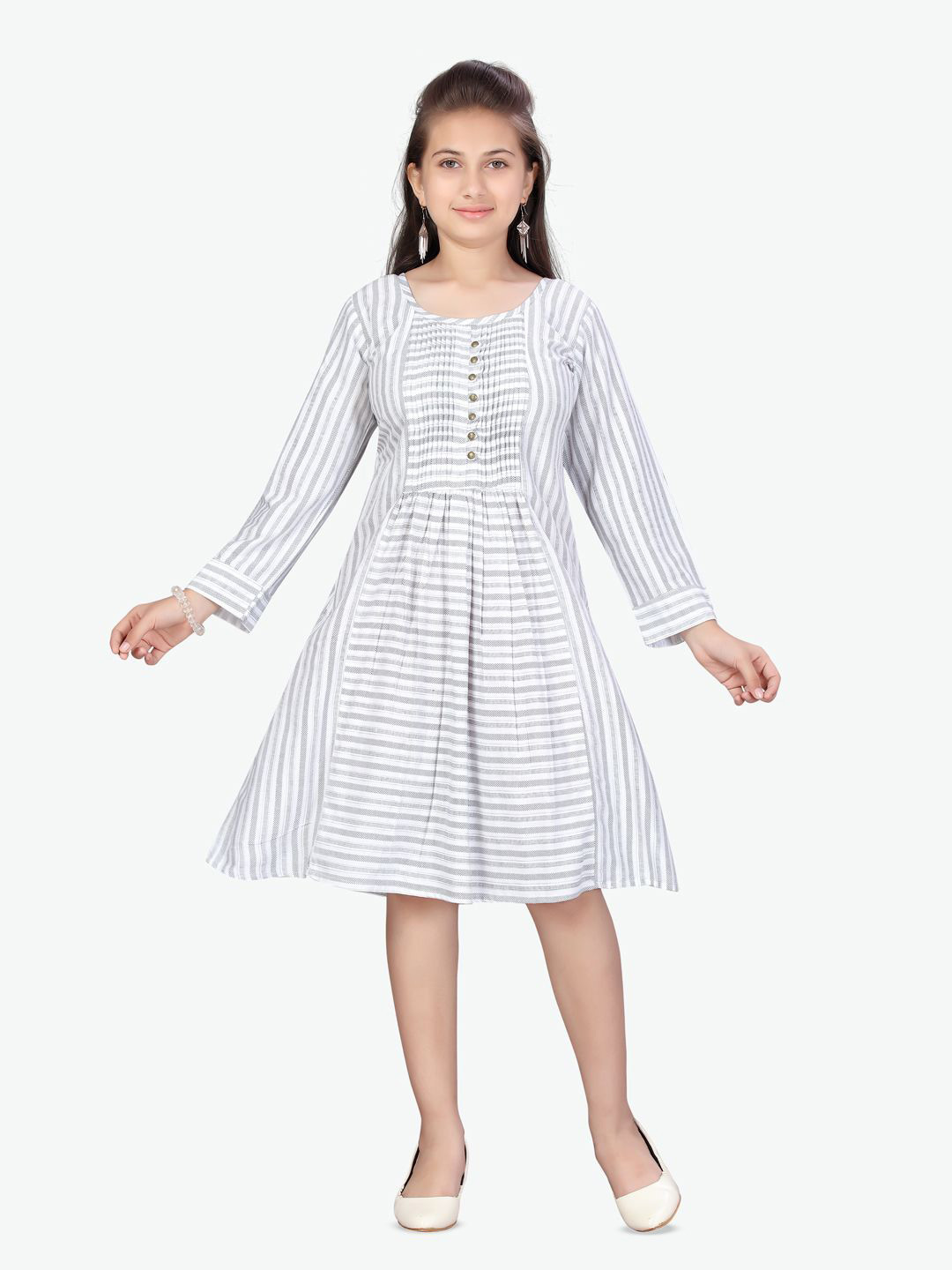 

BAESD Girls Striped Fit & Flare Cotton Knee Length Dress, Grey