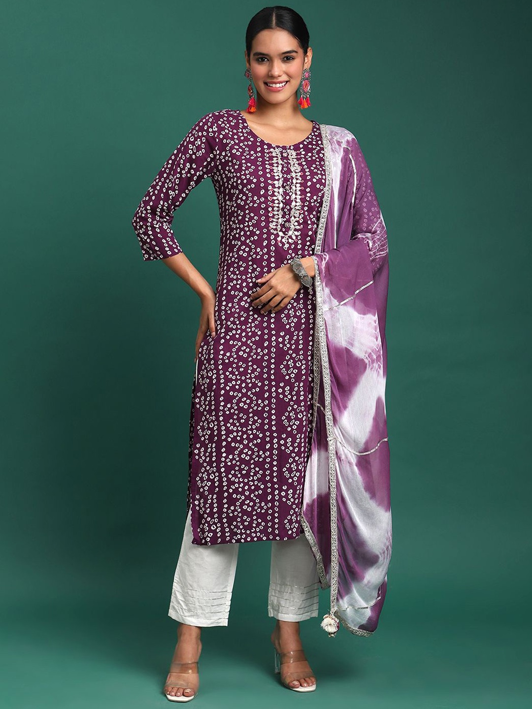 

BANDIA Women Bandhani Printed Regular Pure Cotton Kurta with Trousers & Dupatta, Purple