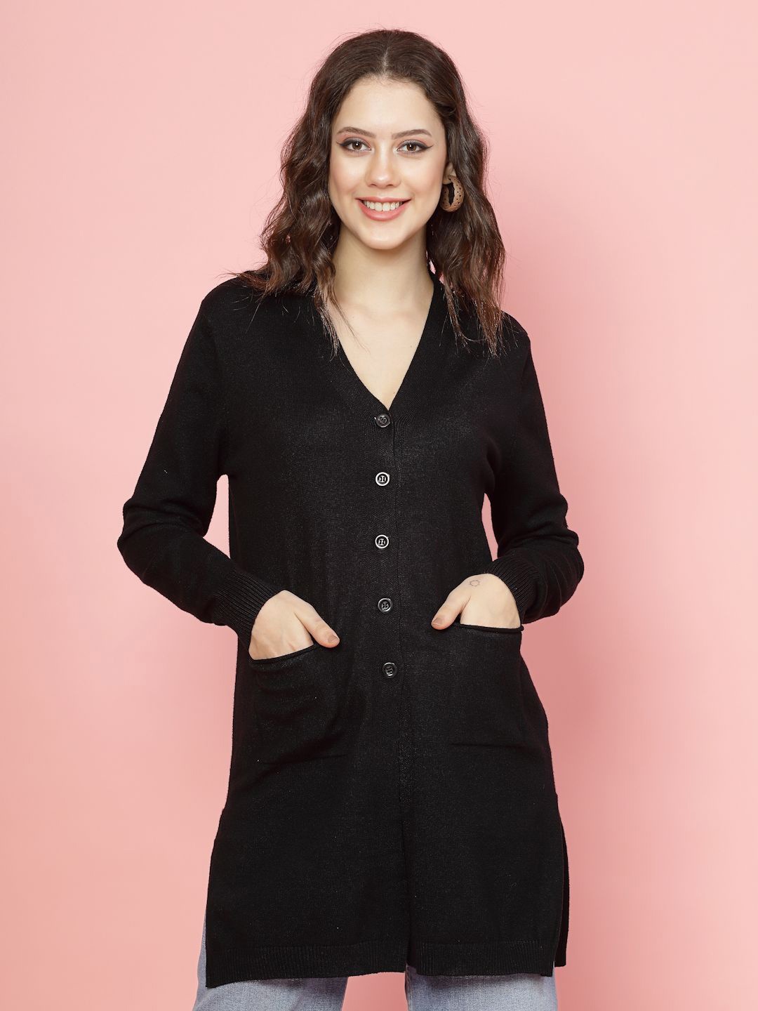 

Mafadeny Women Solid Ribbed Longline Sweater, Black