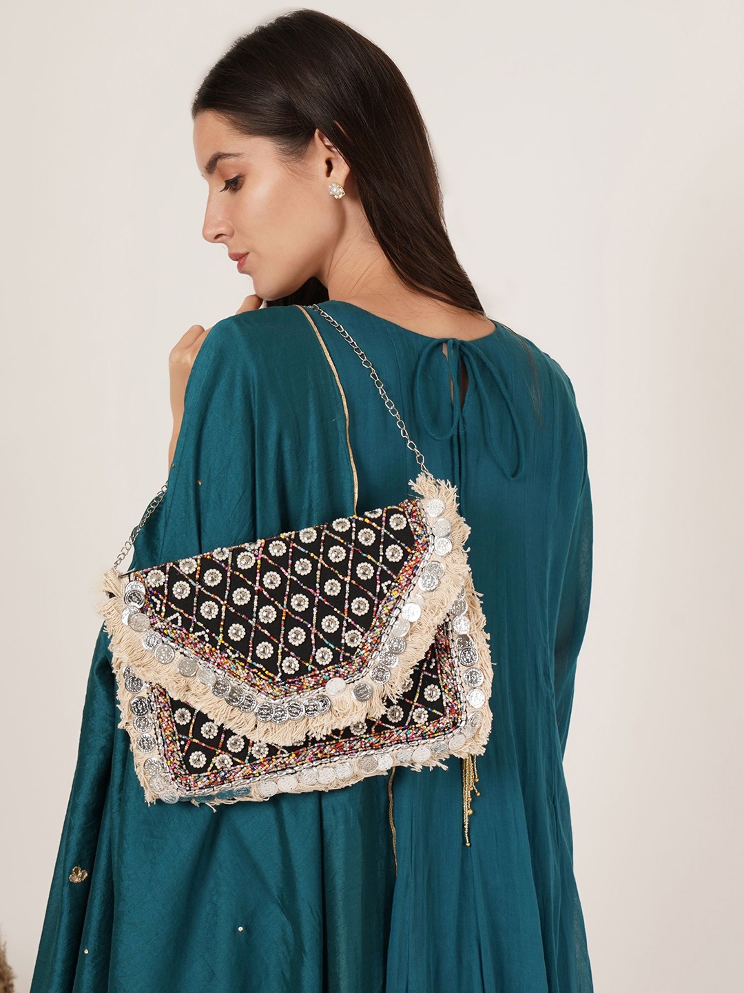 

FABBHUE Embroidered Foldover Clutch, Black