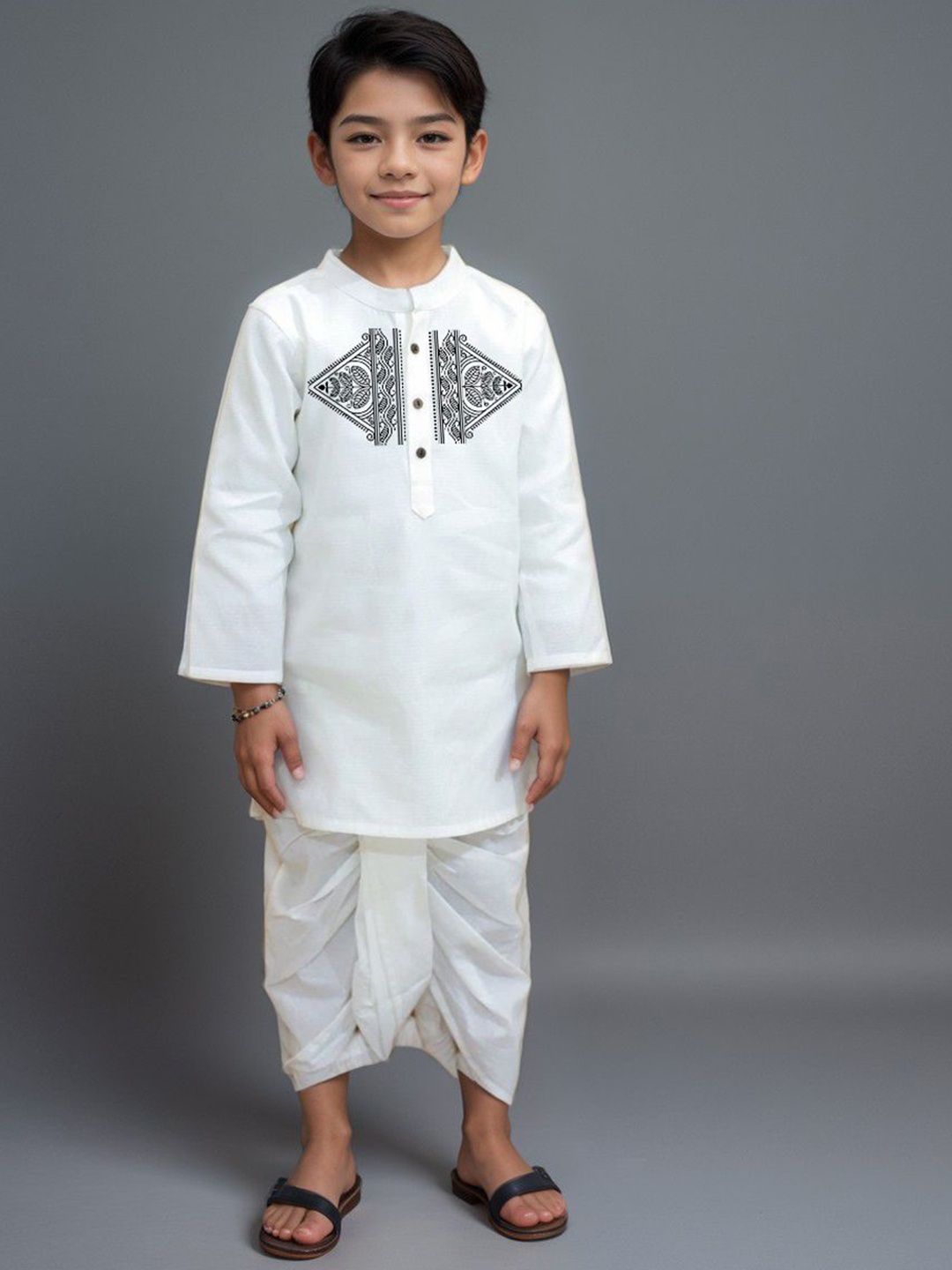 

DEVOILER Boys Ethnic Motifs Printed White Romance Kurta