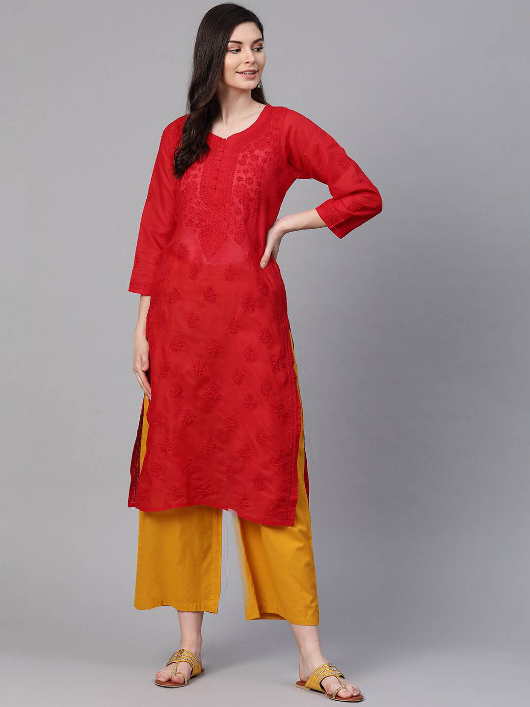 

ADA Women Ethnic Motifs Embroidered Chikankari Kurta, Red