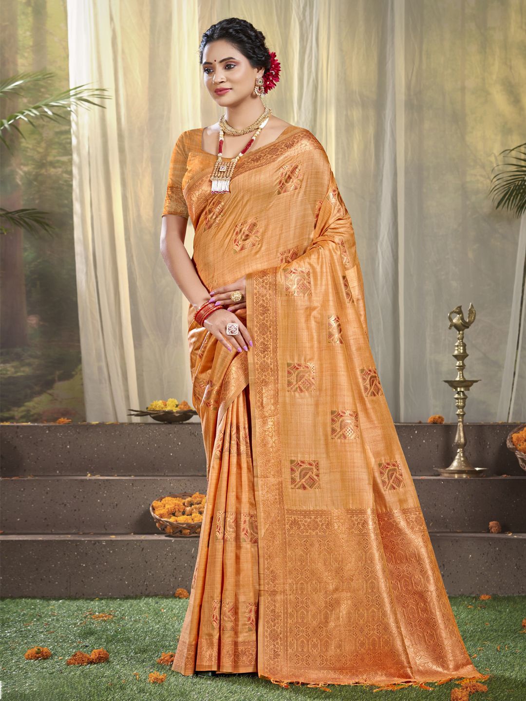 

SANGAM PRINTS Woven Design Zari Silk Blend Tussar Saree, Orange