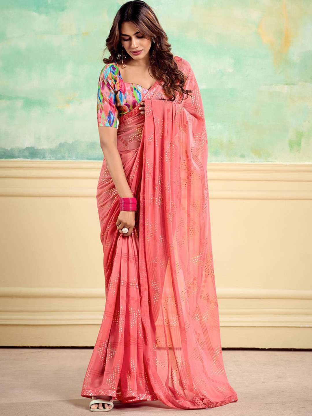 

Panzora Embellished Poly Georgette Saree With Unstitched Blouse Piece, Pink