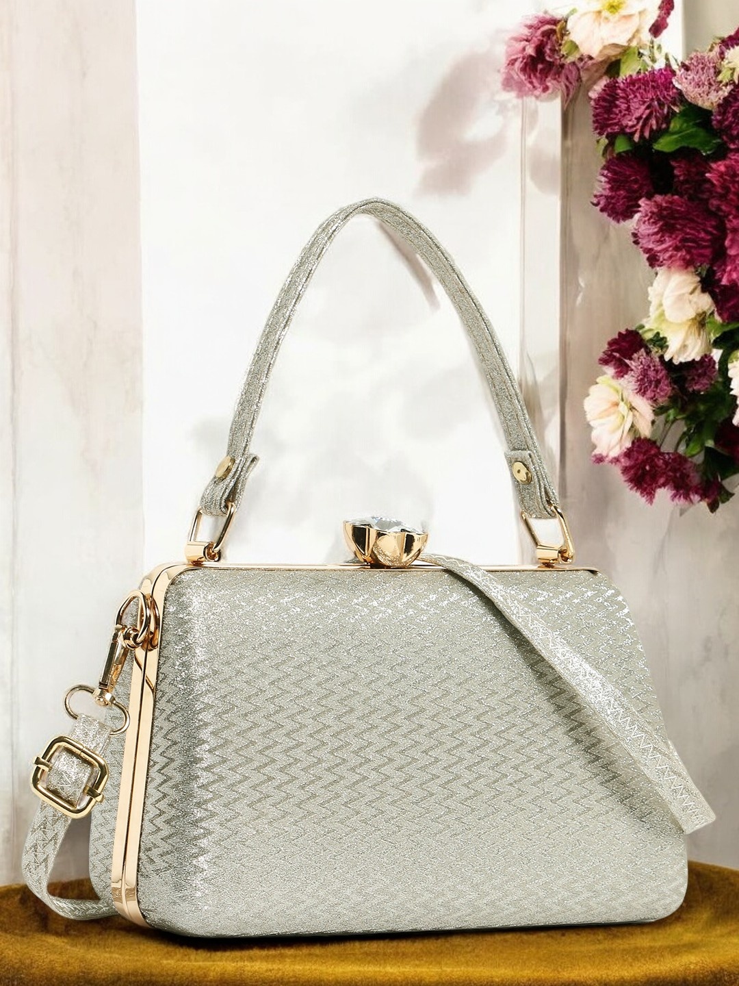 

Exotic Textured Jute Box Clutch, Silver
