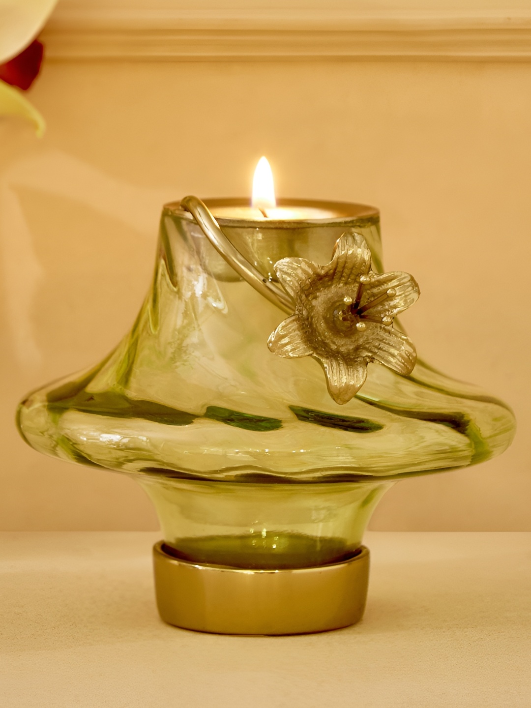 

Home Centre Gold-Toned & Green Textured Glass Candle Holder