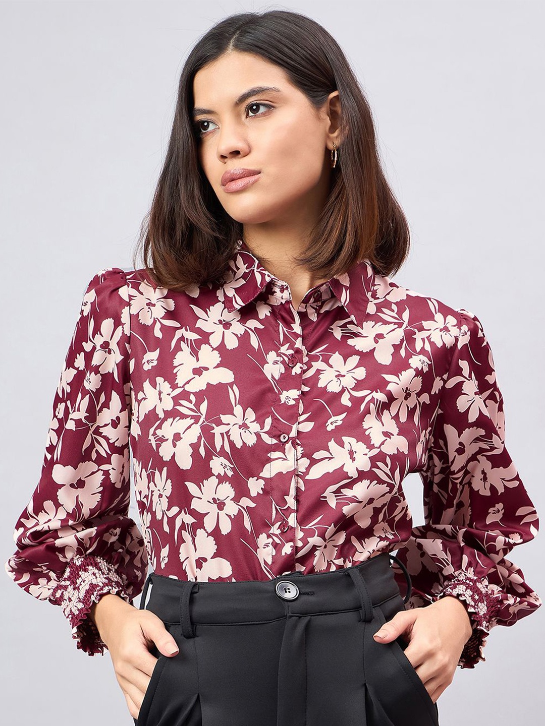 

Style Quotient Women Smart Spread Collar Floral Printed Casual Shirt, Maroon