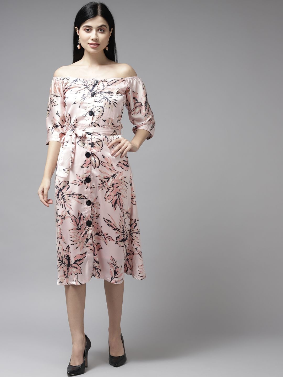 

BAESD Floral Print Off-Shoulder Georgette A-Line Midi Dress, Peach