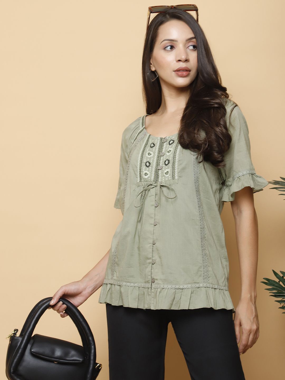 

250 DESIGNS Women Self Design Scoop Neck Cotton Top, Green
