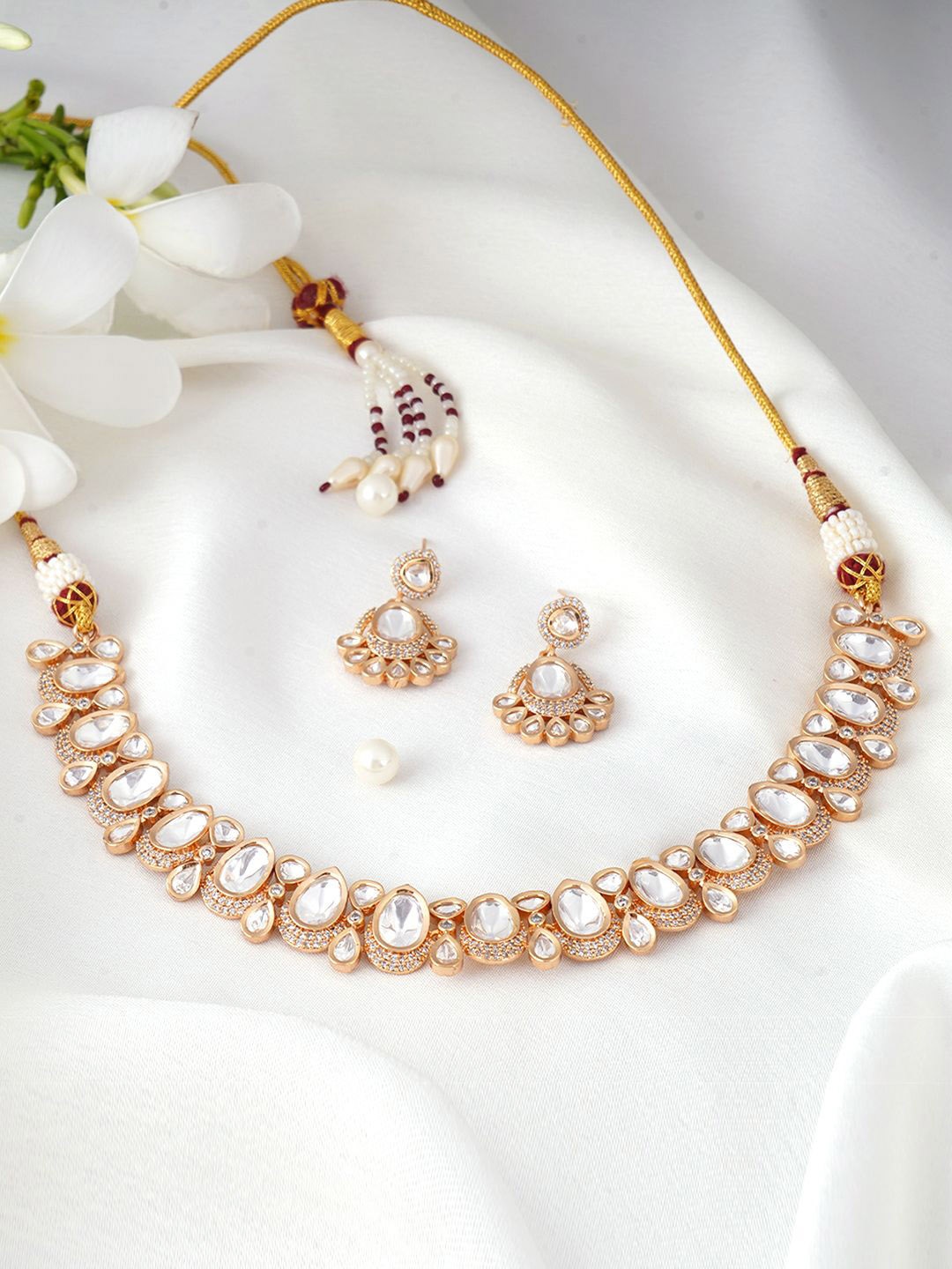 

Adwitiya Collection Gold-Plated Kundan and American Diamond Studded Jewellery Set