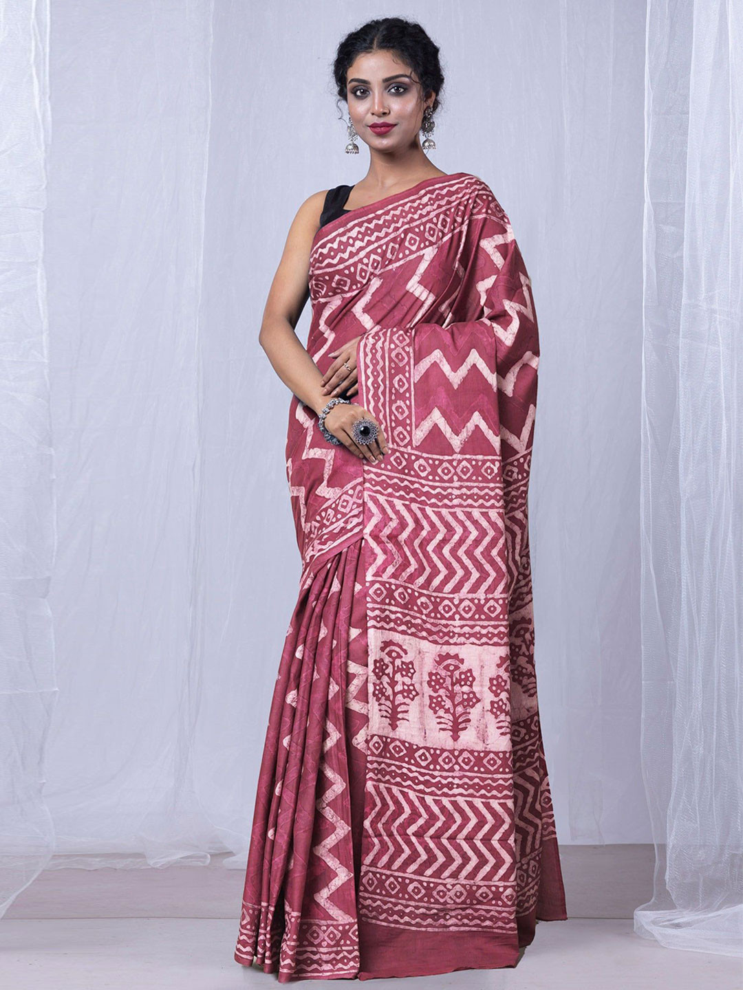 

Unnati Silks Printed Pure Cotton Handloom Dabu Saree, Pink
