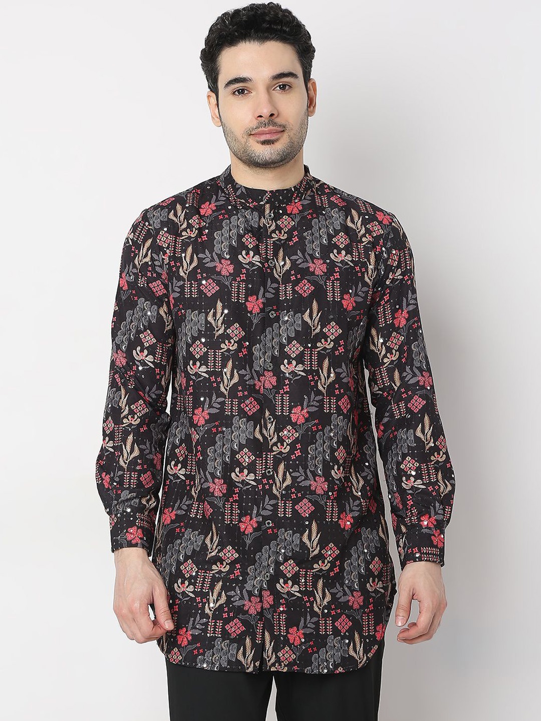 

Ethnicity Men Floral Printed Thread Work Pathani Kurta, Black