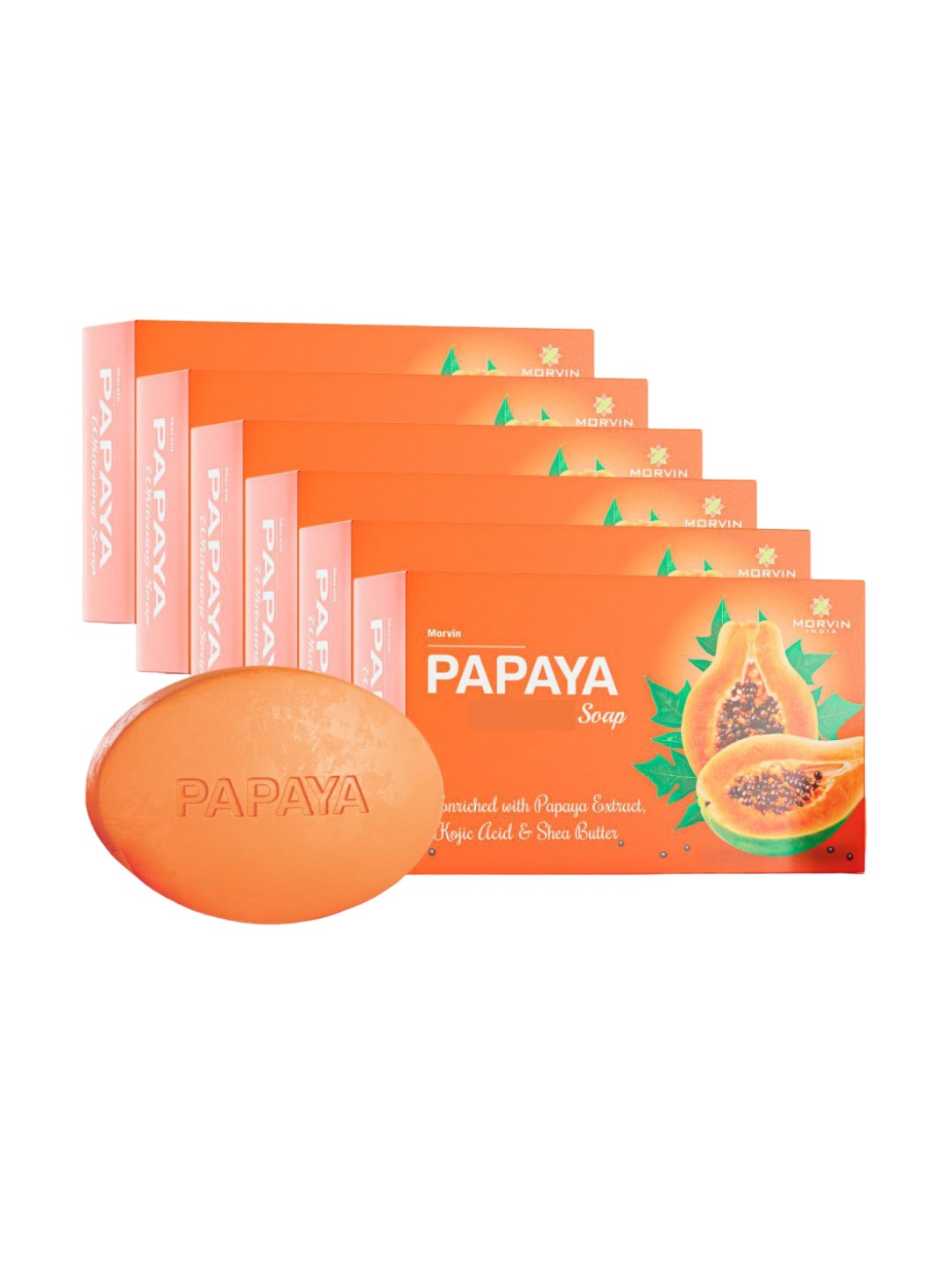 

MORVIN Set Of 6 Papaya Whitening Soap With Kojic Acid & Shea Butter - 75 g Each, Orange