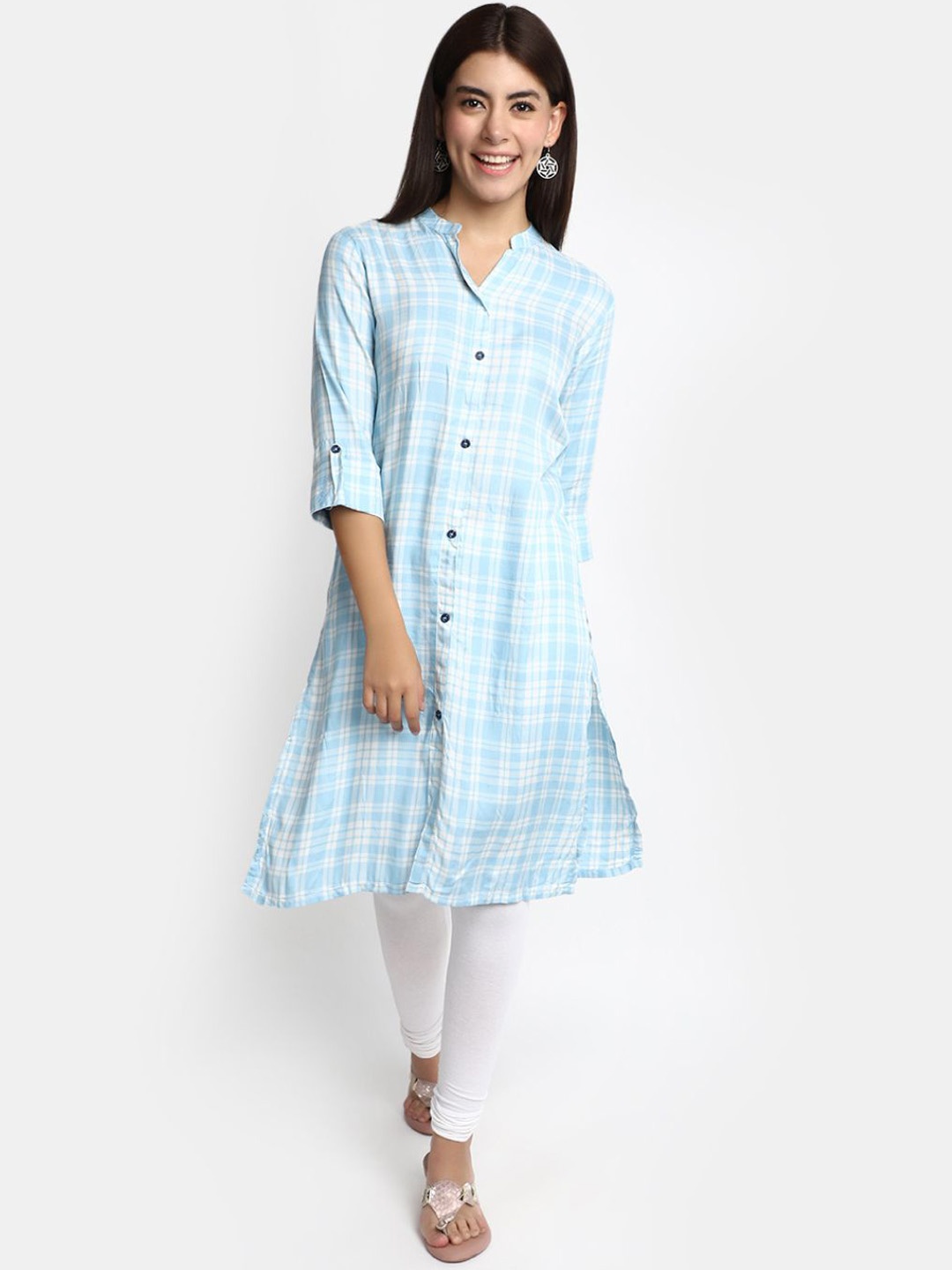 

V-Mart Women Checked Sequinned Kurta, Blue