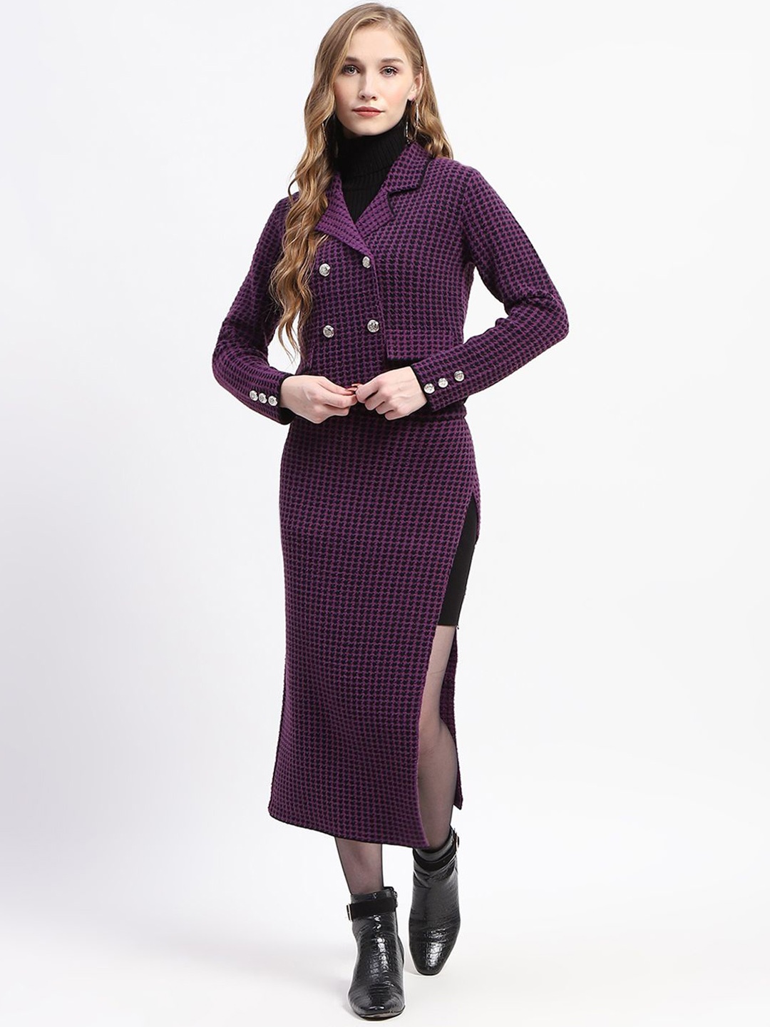 

Madame Self Design Notch Lapel Collar Pure Wool Coat With Skirt & Inner Co-Ords, Purple