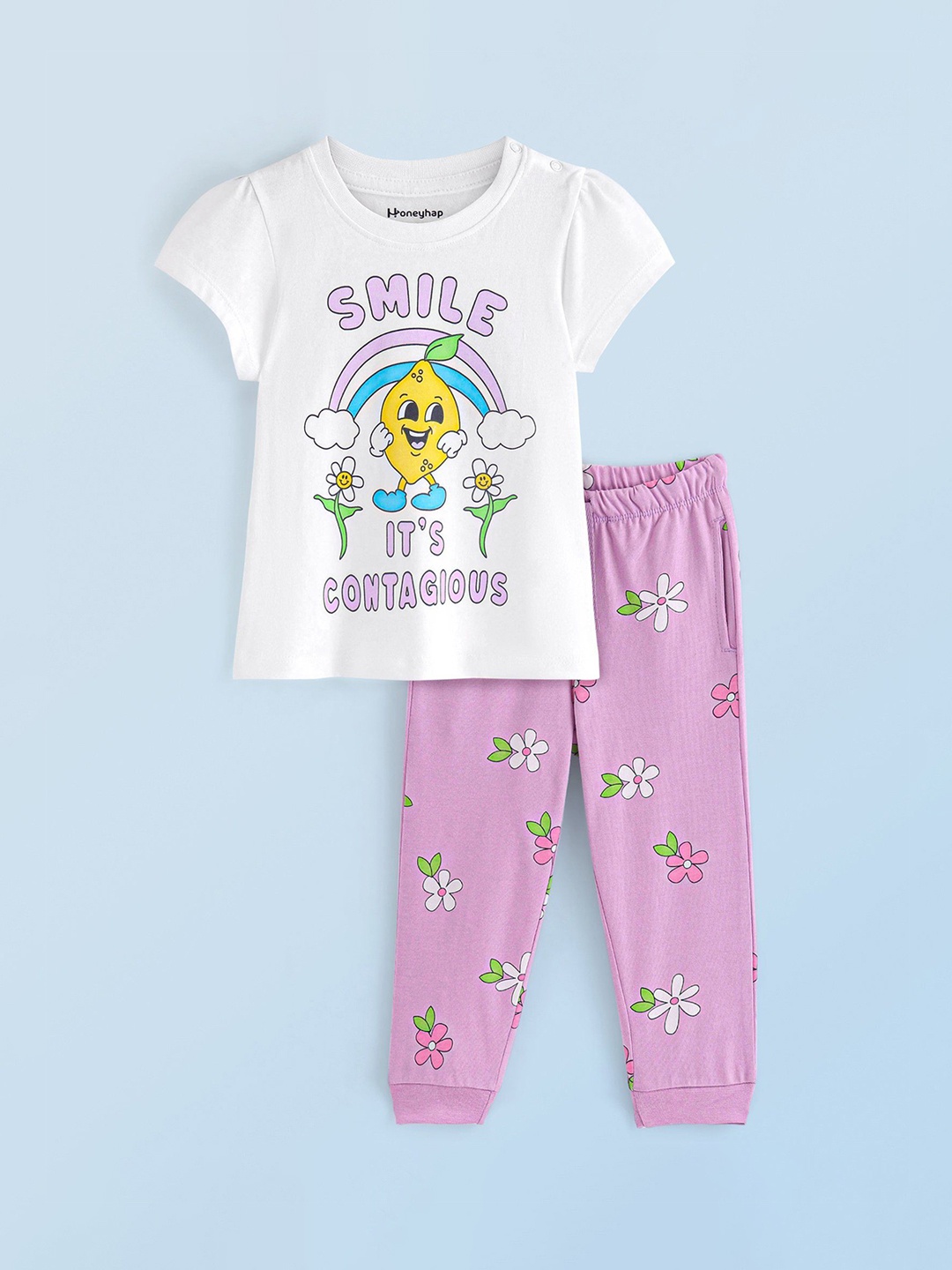 

Honeyhap Girls Pure Cotton Printed Night suit, White
