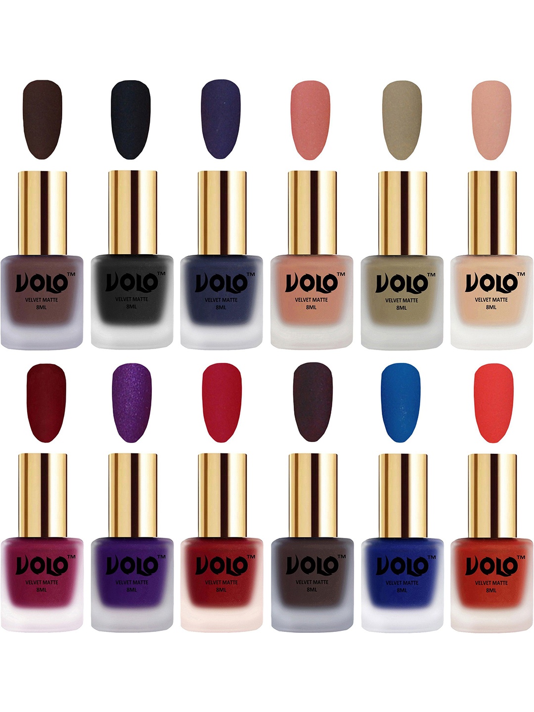 

VOLO Set Of 12 Velvet Matte Nail Polish - 8 ml Each Shade Coral- Sand Nude - Metallic Dark, Multi