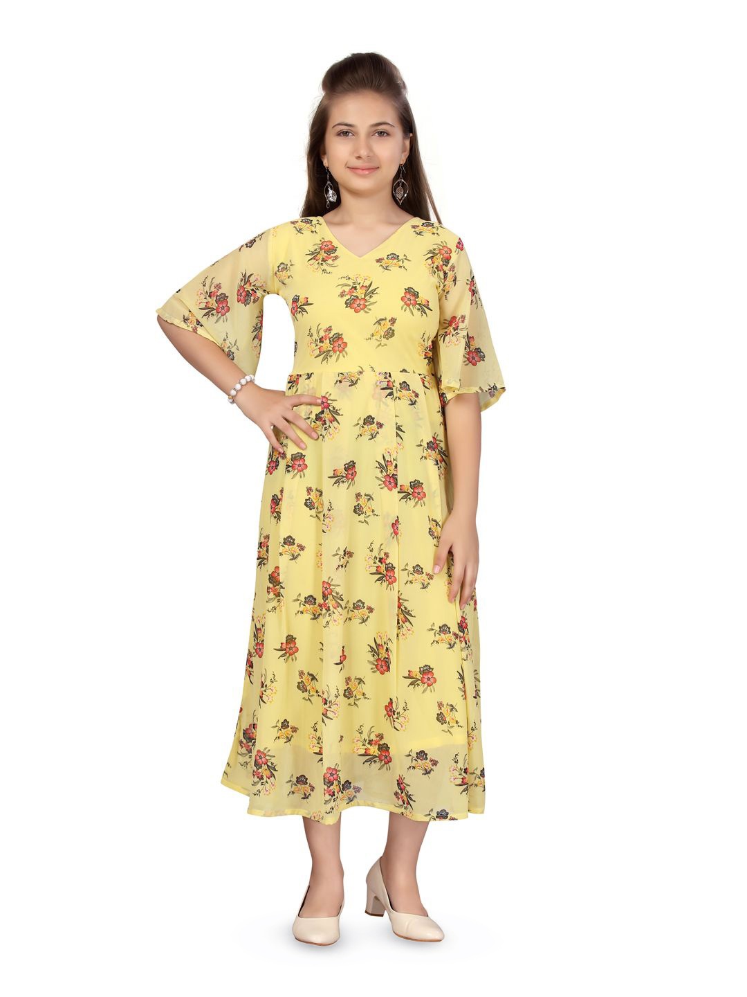 

BAESD Girls Floral Printed Fit & Flare Midi Dress, Yellow