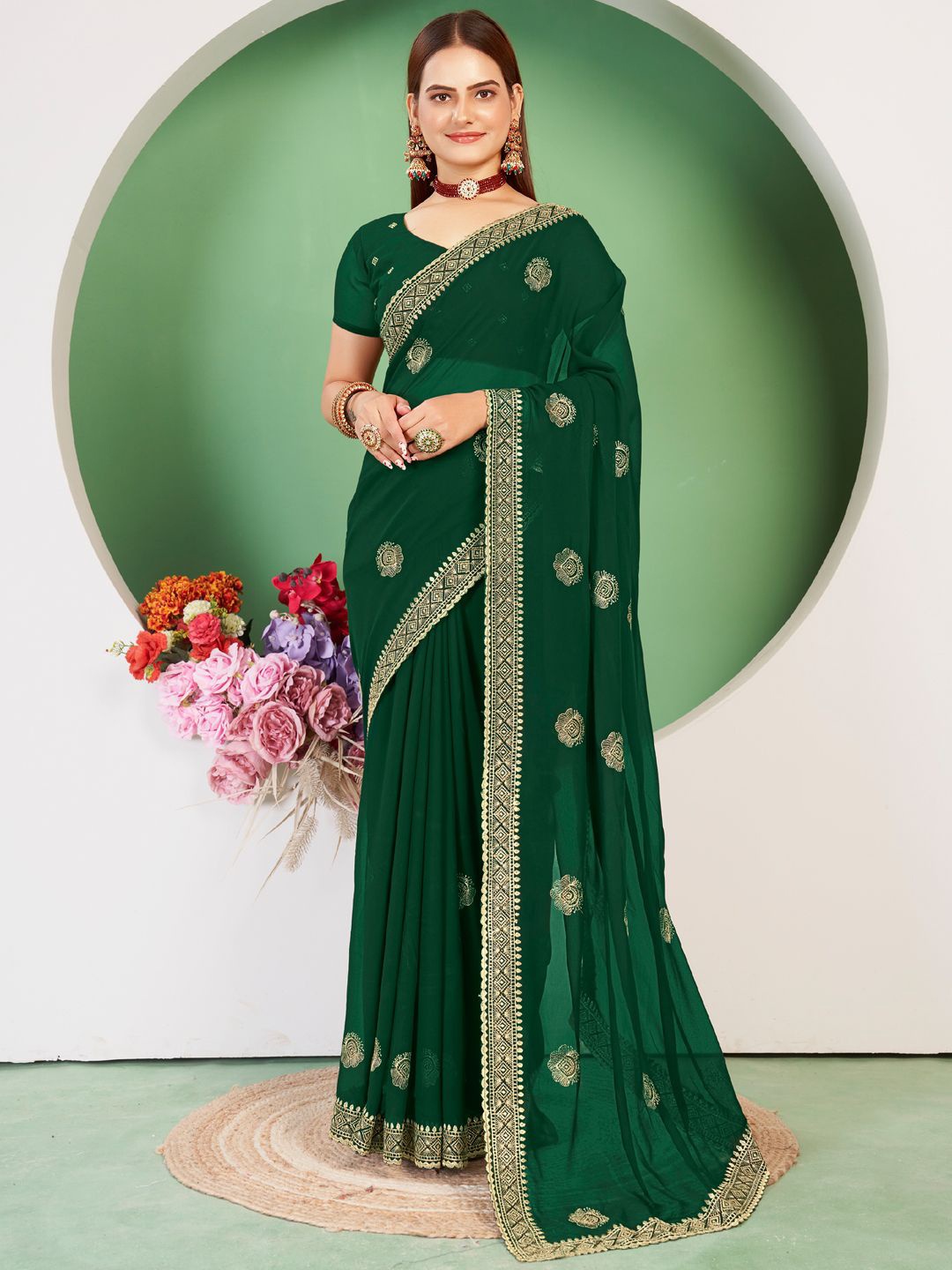 

Mitera Embellished Embroidered Saree, Green