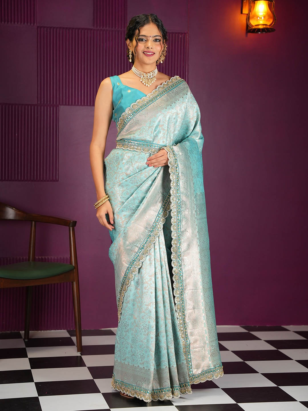 

MIMOSA Woven Design Zari Traditional Banarasi Saree, Turquoise blue