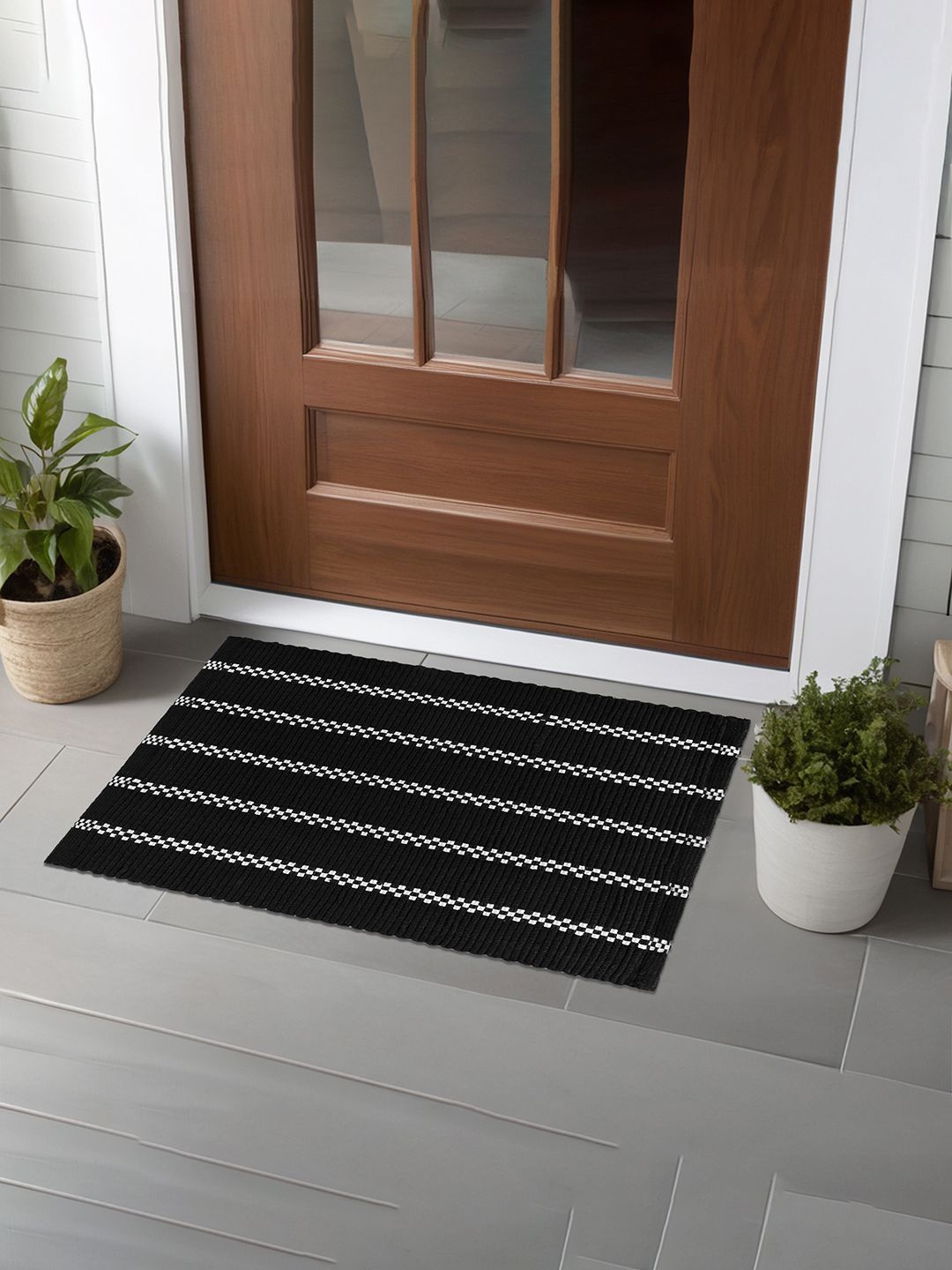 

Kuber Industries Blue & Black 2 Pieces Cotton Striped Anti- Skid Doormats