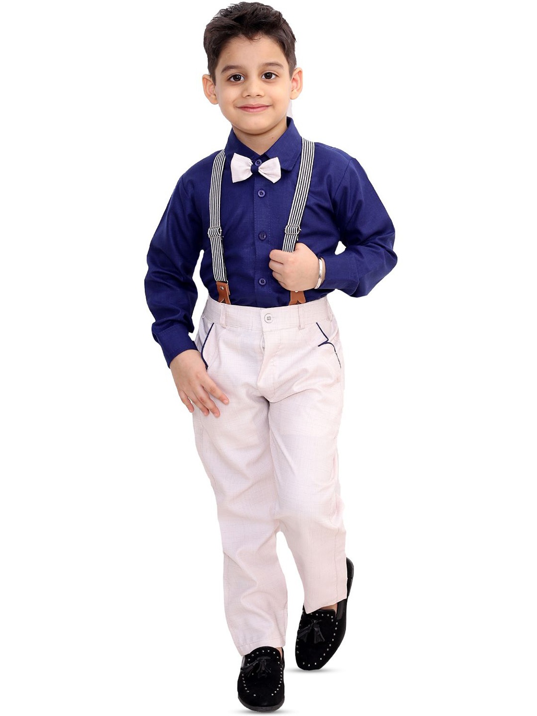 

BAESD Boys Solid Shirt & Trousers With Suspender Clothing Set, Navy blue