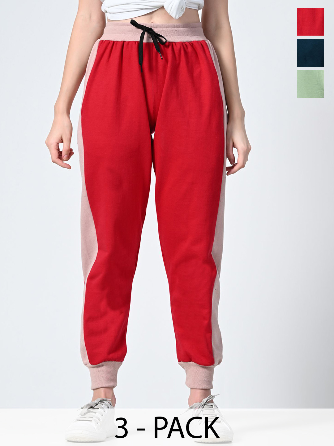 

BAESD Women Pack Of 3 Colourblocked Relaxed-Fit Joggers, Red